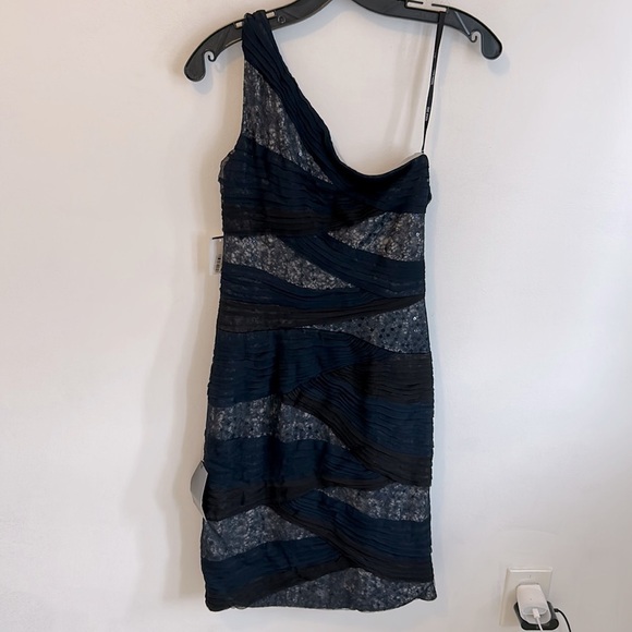 Tadashi Shoji Navy/Black Mesh Sequin One Shoulder Dress - Picture 4 of 12